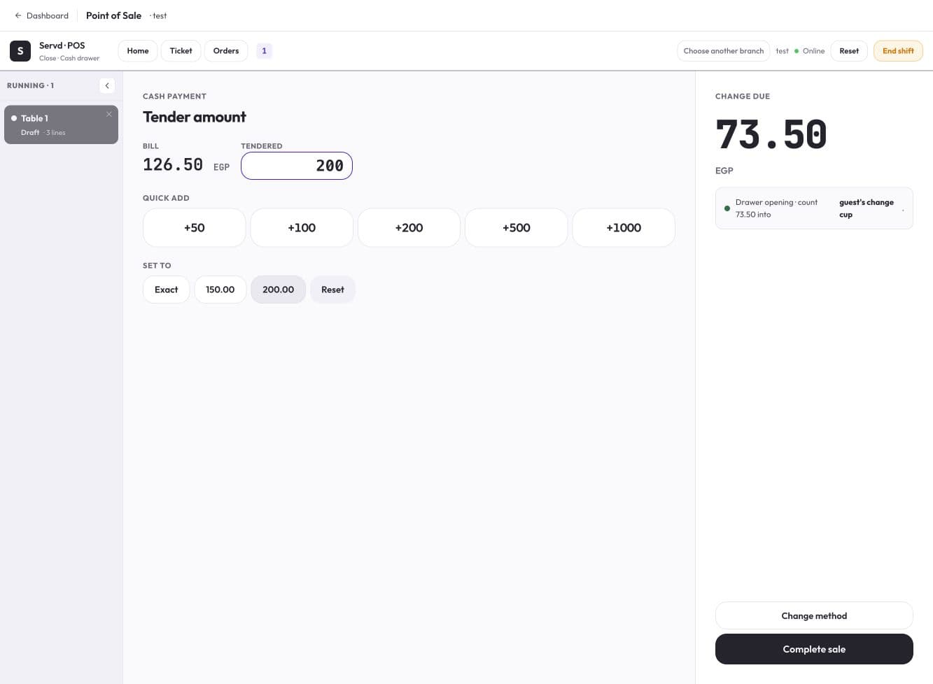Servd POS cash checkout calculating change for a sample ticket