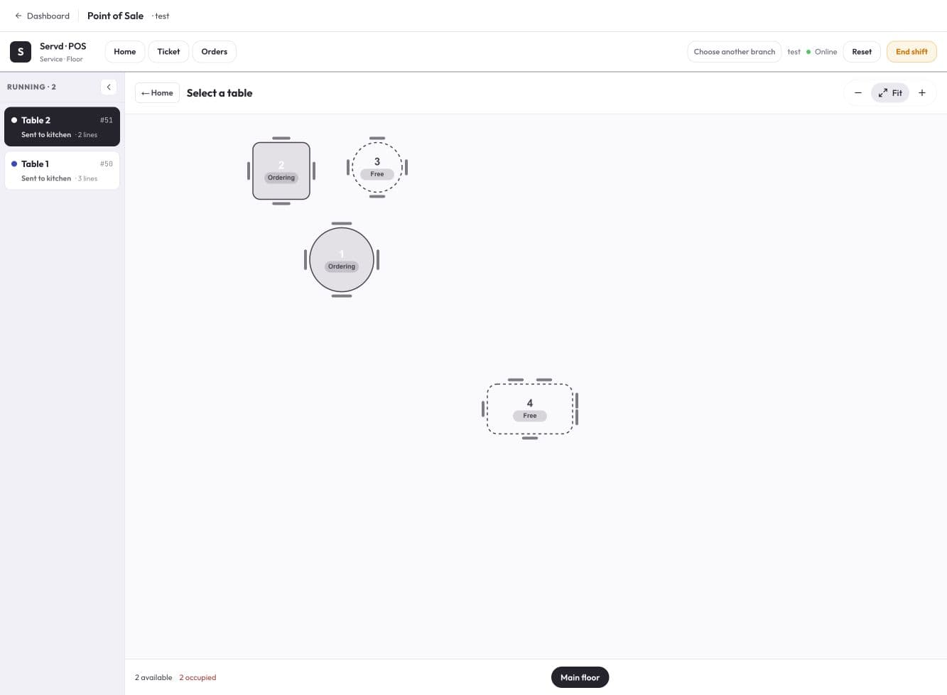 Servd POS floor map with available tables and a running dine-in order