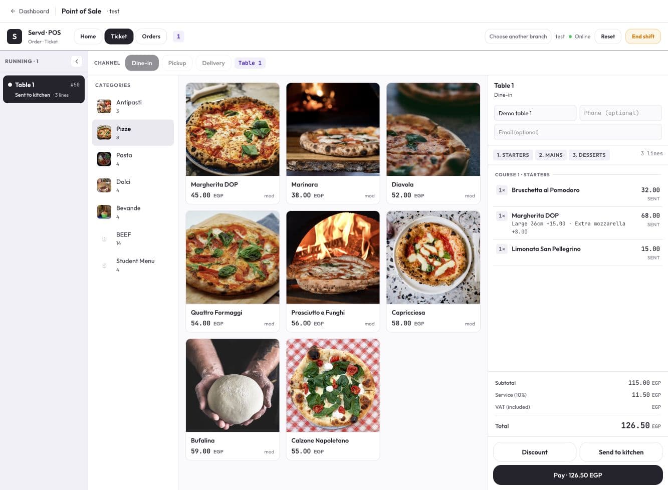 Actual Servd POS ordering screen with a sample restaurant ticket